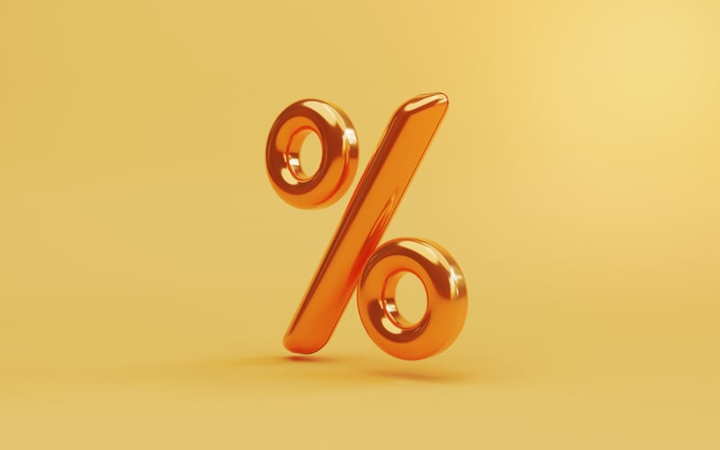 Golden percentage sign symbol on yellow for discount, sale promo