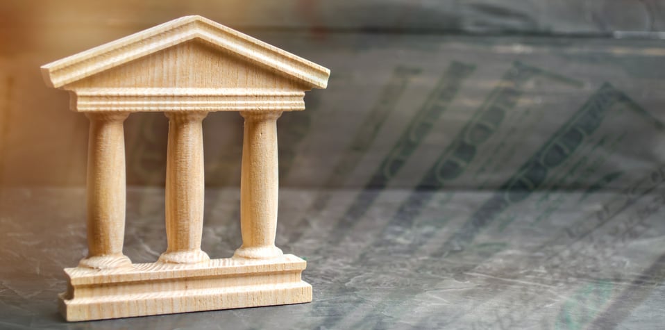 Bank. State Building. wooden government building on a black background. concept of state administration and economic institutions. Municipality, government, elections.