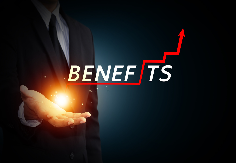 Business hand holding word benefits