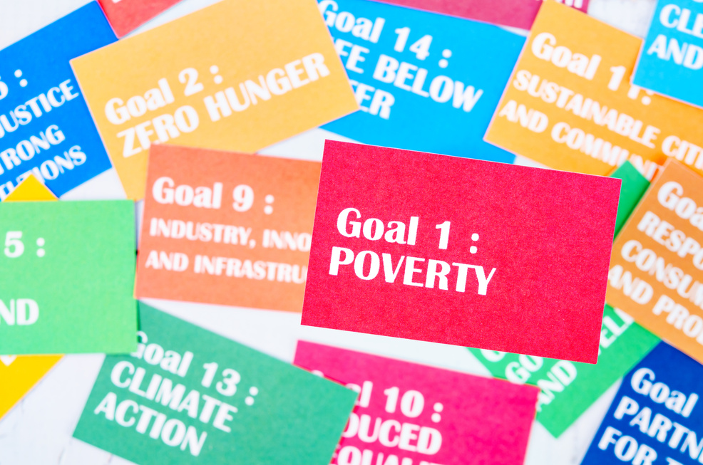 The Goal 1 : Poverty. The SDGs 17 development goals environment. Environment Development concepts.