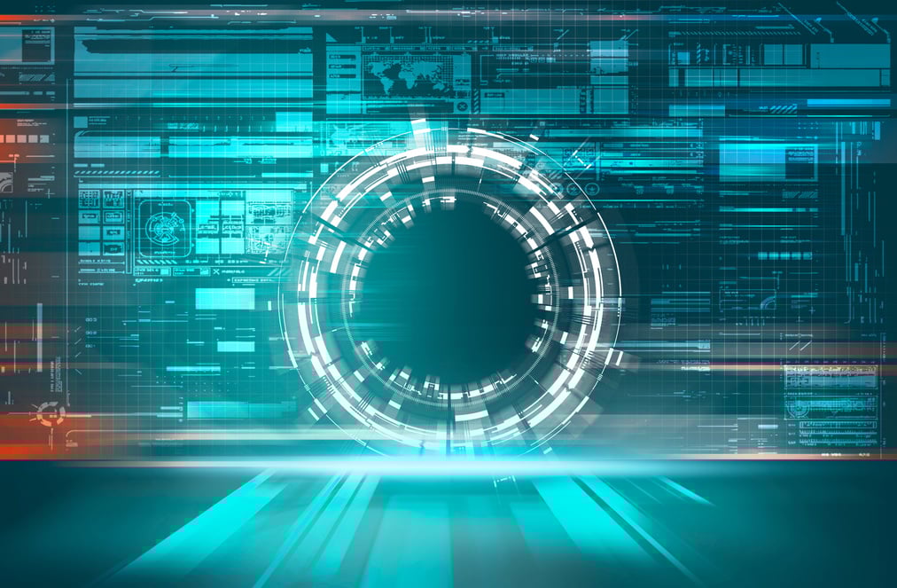 Futuristic portal  server with data information . Digital media and programming concept .