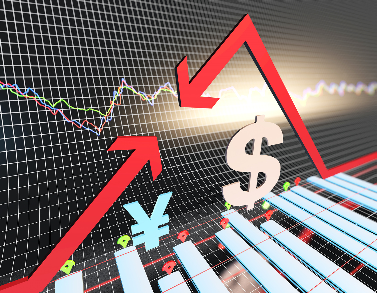 Financial stock market economic chart, economic competition and confrontation, arrow and currency symbol