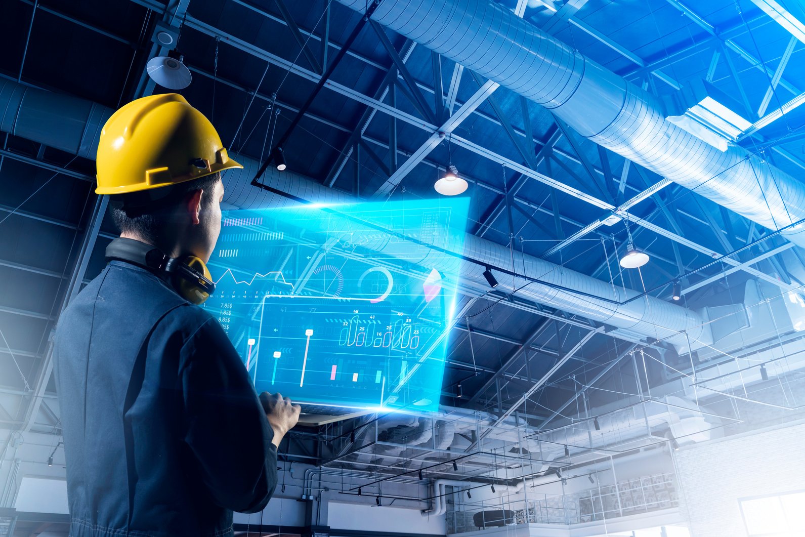 AI AR management technology app system automate robot control. Engineer work smart factory machine IOT internet of thing digital technology, futuristic smart industry digital manufacturing