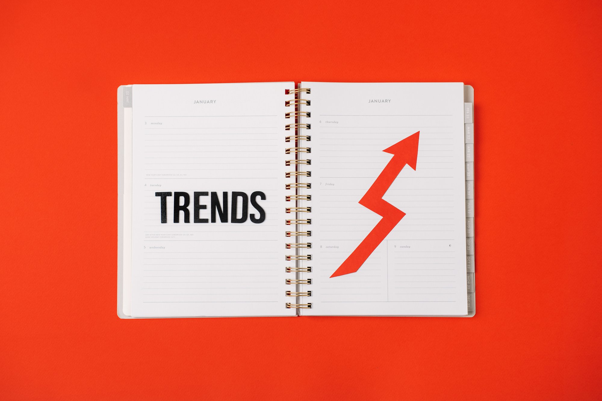 Ecommerce Trends. Marketing, supply chain, commerce strategy and technology. Trends and insights in ecommerce industry. Word trends and red arrow in open notebook