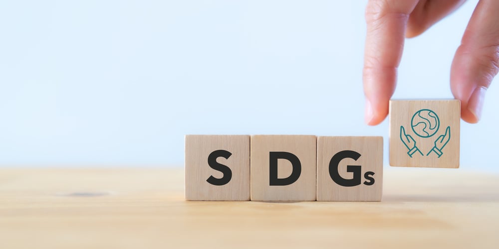 SDGs 17 Sustainable development goals.  A call for action by all countries ;poor, rich and middle-income to promote prosperity while protecting the planet.  Wooden cube stamped with the letters SDG.