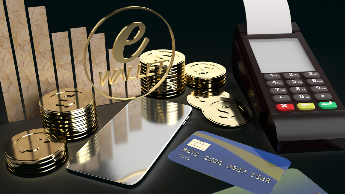 The mobile symbol e wallet  and gold coins 3d rendering for e bu