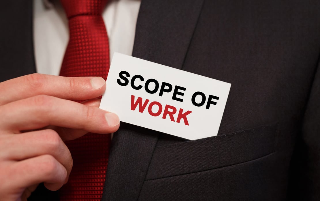 Businessman putting a card with text Scope Of Work in the pocket