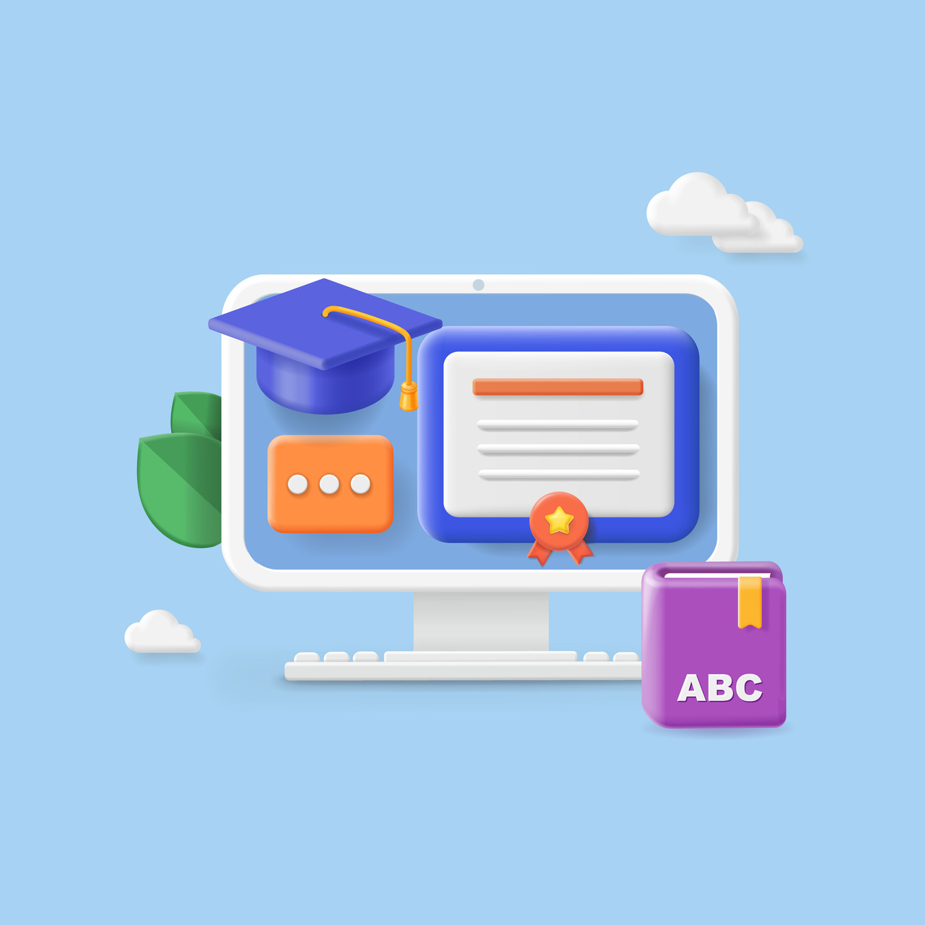 Digital education platform. Computer screen, book, diploma and Graduation cap. Oline traning, online education concept