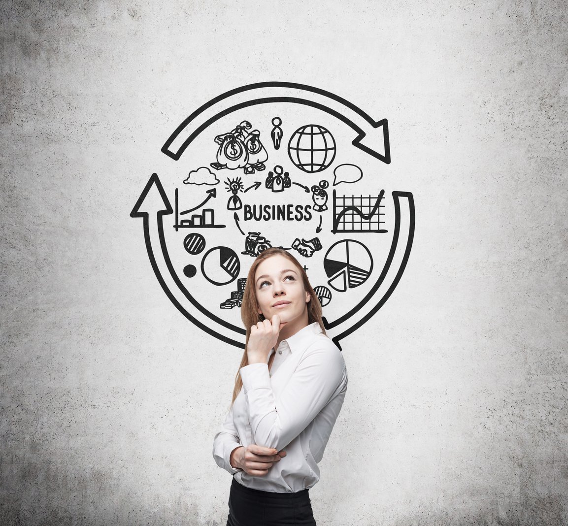 Youg lady is thinking of the optimization of business process