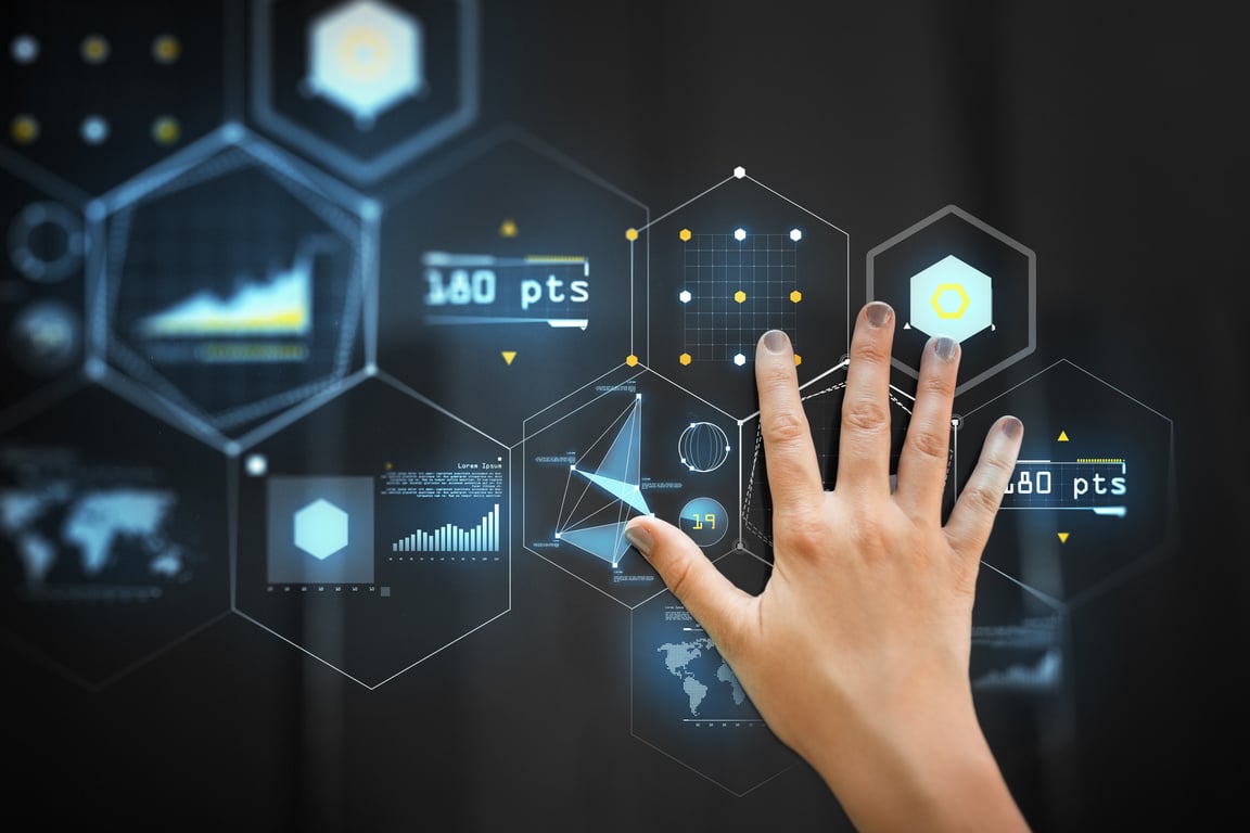 Hand Using Black Interactive Panel with Charts