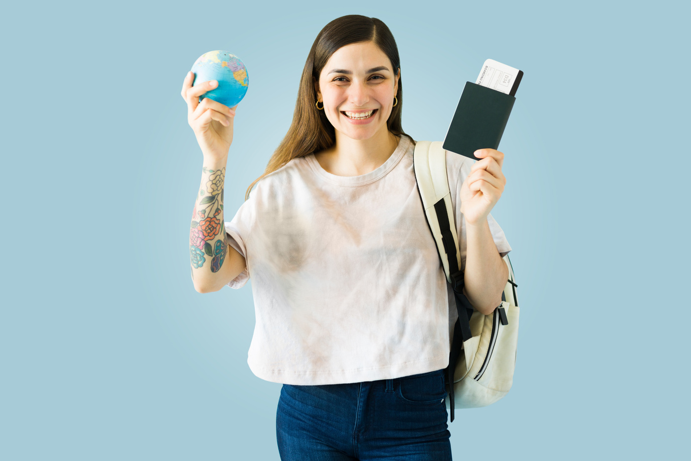 Excited woman studying abroad